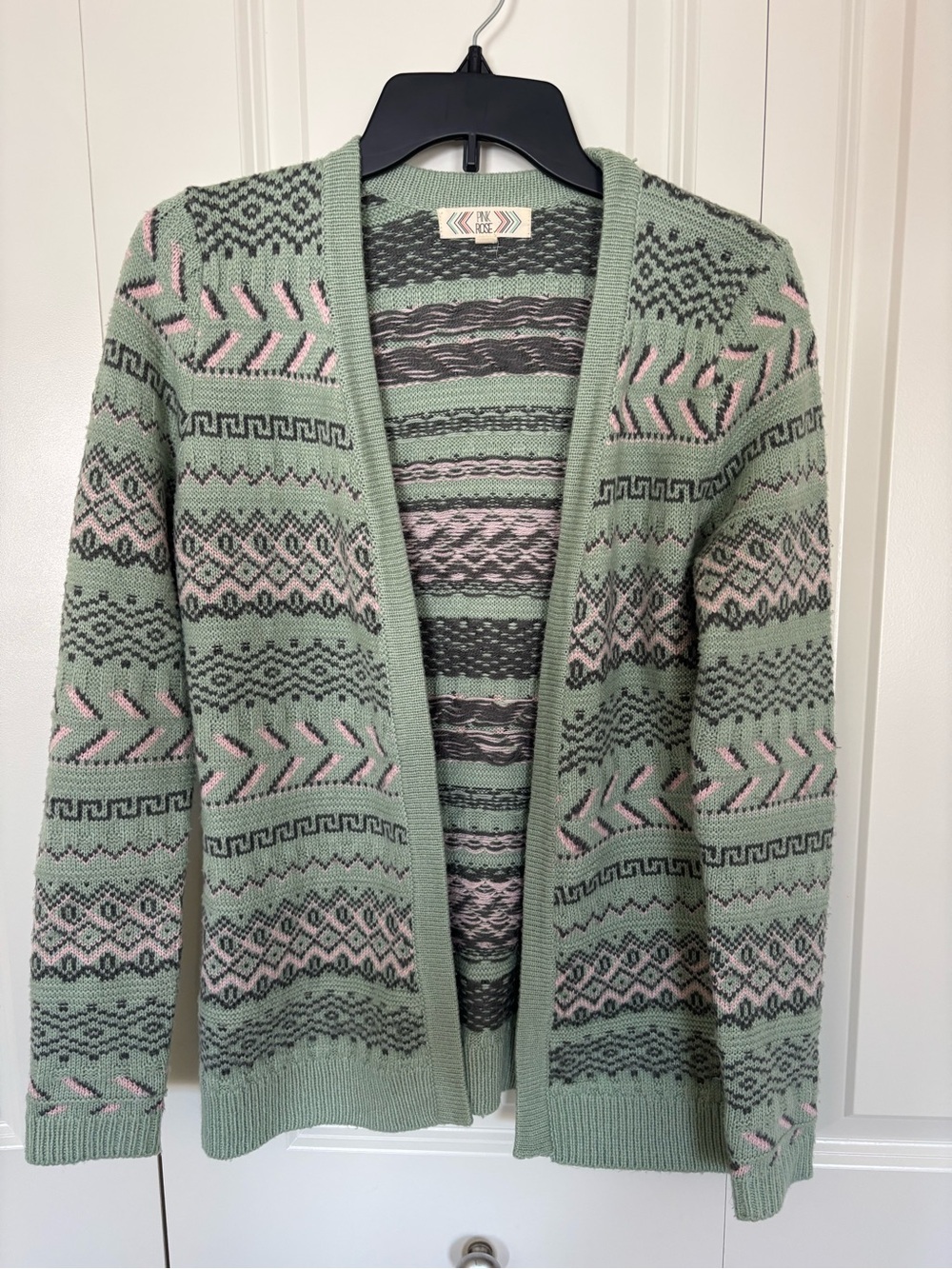 Women’s pink rose open front sweater cardigan green/pink size small.